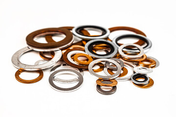 Copper washers, Aluminum, washers, Pile of flat washers, isolated on white background