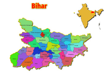 Map of Bihar State with names of regions. Vector illustration of geographical map of Bihar State depicted on the map of India. 
