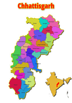 Map of Chhattisgarh State with names of regions. Vector illustration of geographical map of Chhattisgarh State depicted on the map of India. 