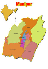 Map of Manipur State with names of regions. Vector illustration of geographical map of Manipur State depicted on the map of India. 