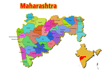 Map of Maharashtra State with names of regions. Vector illustration of geographical map of Maharashtra State depicted on the map of India. 