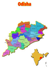 Map of Odisha State with names of regions. Vector illustration of geographical map of Odisha State depicted on the map of India. 