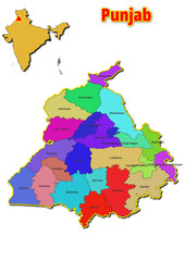 Map of Punjab State with names of regions. Vector illustration of geographical map of Punjab State depicted on the map of India. 
