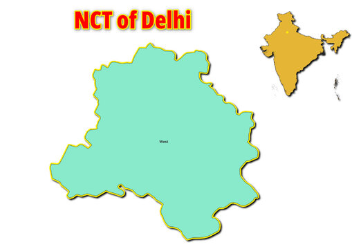 Map of NCT of Delhi Union Territor with names of regions. Vector illustration of geographical map of NCT of Delhi Union Territor depicted on the map of India. 