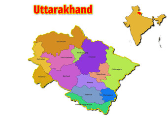 Map of Uttarakhand State  with names of regions. Vector illustration of geographical map of Uttarakhand State depicted on the map of India. 