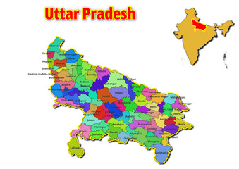 Map of Uttar Pradesh State with names of regions. Vector illustration of geographical map of Uttar Pradesh State depicted on the map of India. 