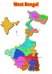 Map of West Bengal State with names of regions. Vector illustration of geographical map of West Bengal State depicted on the map of India. 