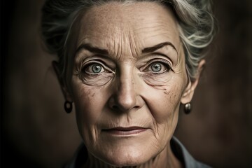 Beautiful senior woman portrait on dark background. Elderly person with amazing blue eyes. Generative AI