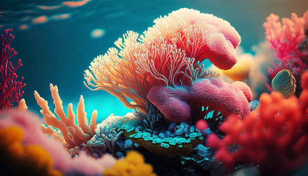 Beautiful Colorful Coral Reef in crystal clear sea water . Generative AI