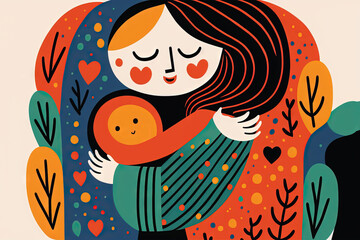 a woman hugging her-self, and smiling, colorful illustration, clean lines, vector, color background, folk art, sticker margins, Generative AI