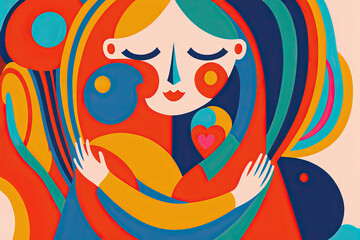 a woman hugging her-self, and smiling, colorful illustration, clean lines, vector, colorful background, folk art, sticker margins, Generative AI - obrazy, fototapety, plakaty