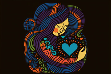 a woman hugging her-self, and smiling, colorful illustration, clean lines, vector, black background, folk art, sticker margins, Generative AI
