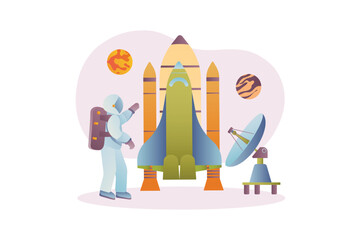 Astronomy concept with people scene in the flat cartoon design. Astronaut prepares to launch a rocket into space to study astronomy. Vector illustration.