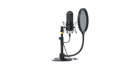 Microphone with stand on the desk and pop filter. Isolated background. Sound recording equipment concept. Professional studio black mic, cable and black pop filter on mic stand. 3d render