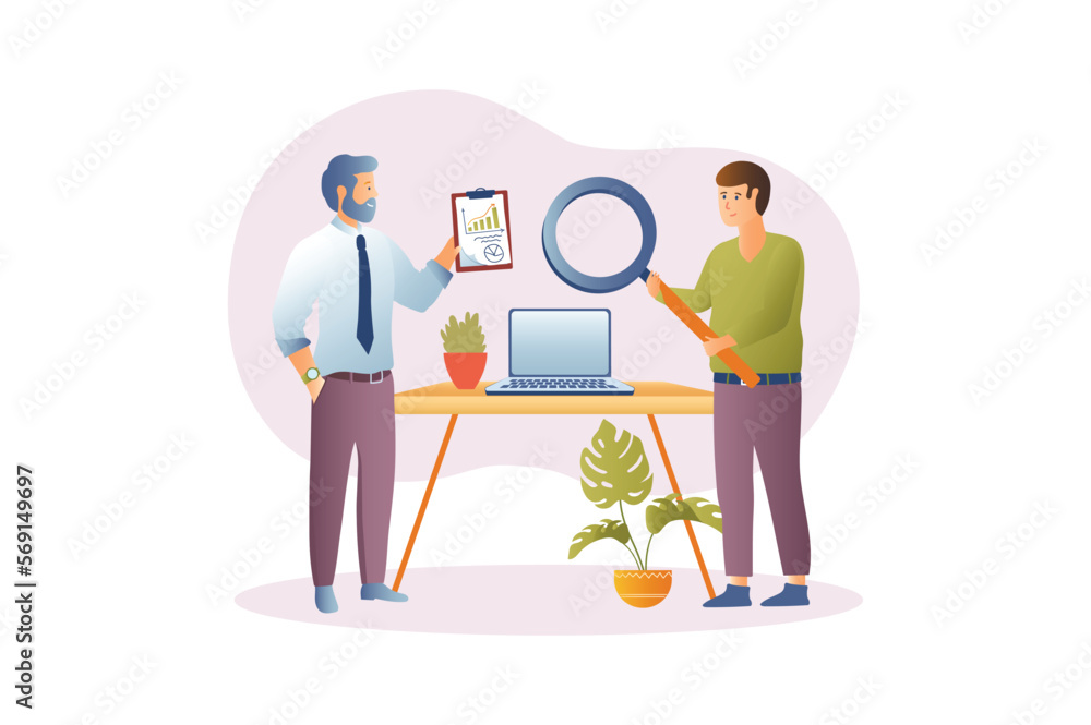 Poster seo elements concept with people scene in the flat cartoon design. two programmers review all elemen