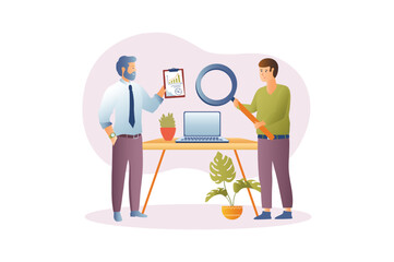 SEO elements concept with people scene in the flat cartoon design. Two programmers review all elements and functionality of the SEO system. Vector illustration.