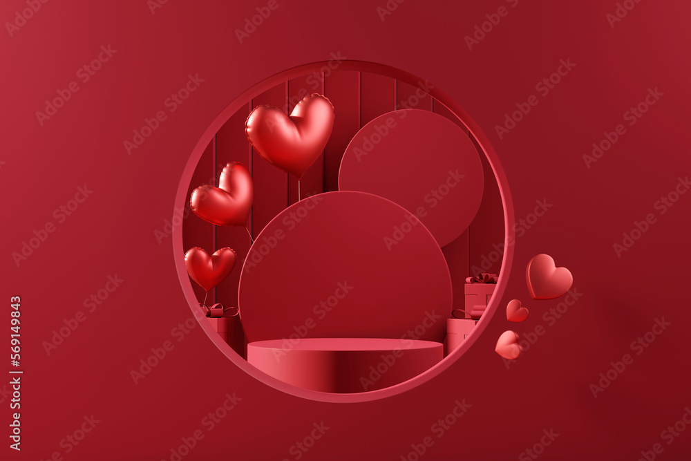 Poster valentine's day stage podium mock up with heart product display showcase 3d rendering