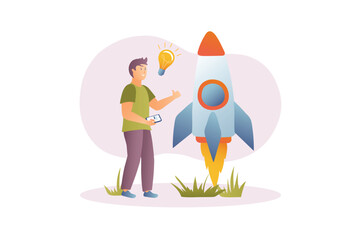 Concept Startup with people scene in the flat cartoon design. Man launches his first startup and follows its development. Vector illustration.