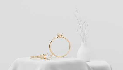 Gold Couple Diamond Rings 3D Rendering Placed on Cloth with Decoration