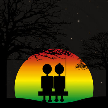 Romantic picture with silhouette of a lgbt couple in love on a hanging swing on a tree against the background of the night starry sky with a large rainbow moon. Concept for Valentine's day.