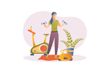 Fitness concept with people scene in the flat cartoon design. Woman do physical exercises using dumbbells and simulators. Vector illustration.