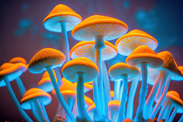 Fantasy magic mushrooms in neon light. Generative AI