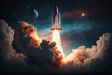 Successful space rocket launch into the universe. Launch of a spacecraft into a starry sky. Concept of space exploration and travel. Generative AI