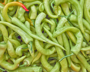 Bright green organic peppers for sale top view close up. A natural, colorful background.