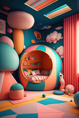 Cute surreal children's room. generative ai. Colorful kids room
