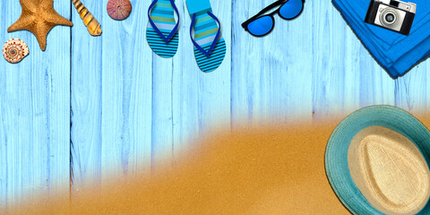 Topview Beach Accessories Background on Sand and Blue Wood