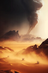 apocalypse desert landscape with smoke from explosion in distance - obrazy, fototapety, plakaty