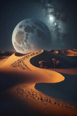 Fototapeta na wymiar fantasy desert landscape with full moon in night sky