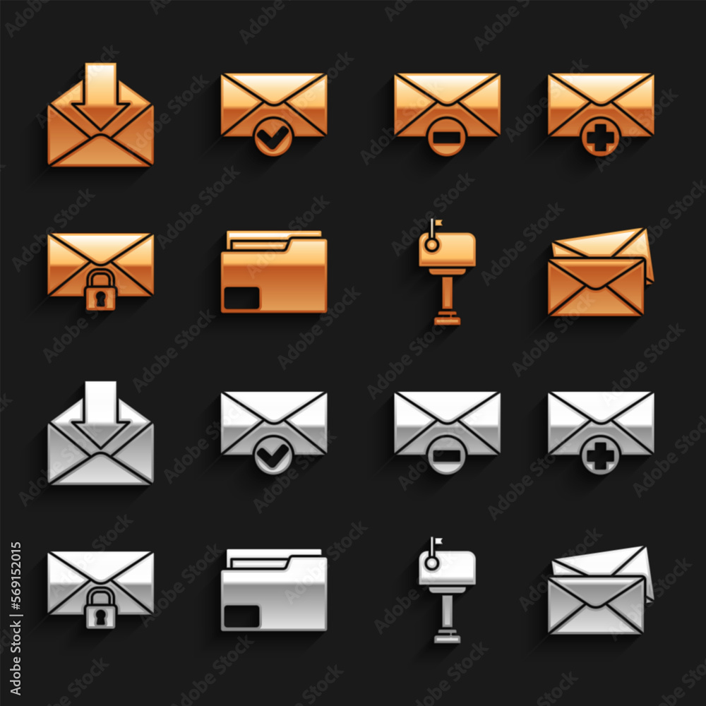 Poster set document folder, received message concept, envelope, mail box, lock password, delete envelope, a