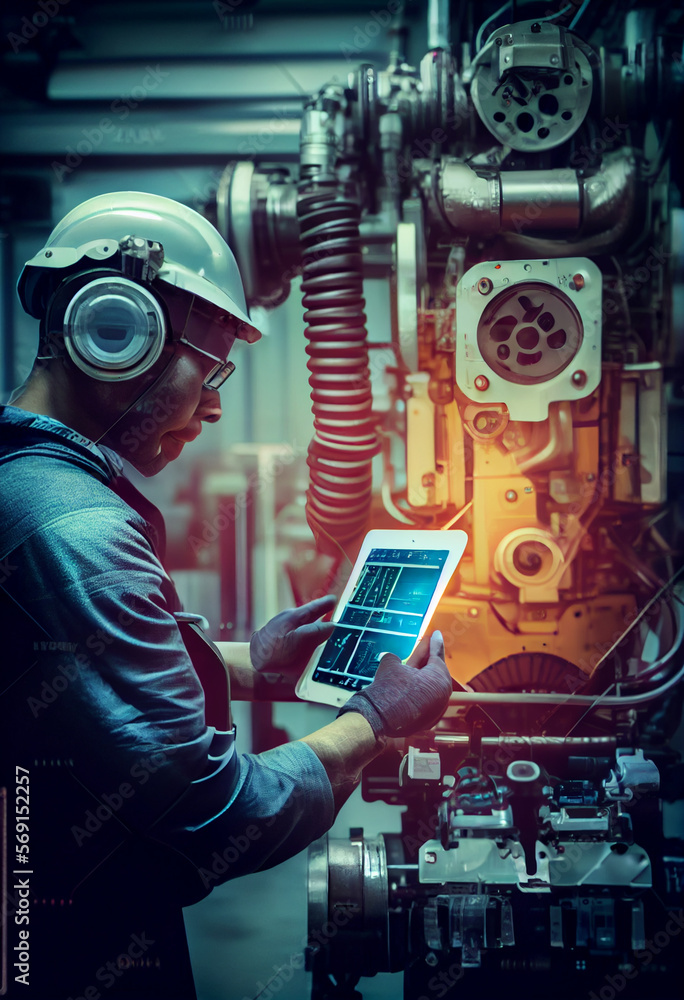 Poster industry 4.0 robot concept .engineers use tablet computer for machine maintenance, automation tools,