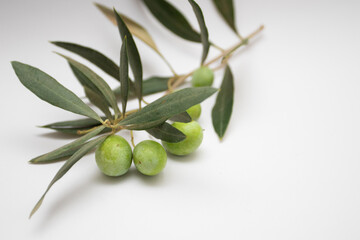 Green olives on with leaves on white background