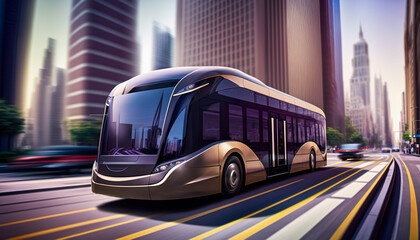 Obraz premium The future of transportation: sleek autonomous bus glides down the city street, Generative AI