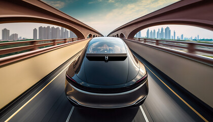 Obraz premium A glossy black futuristic sedan car speeds across a bridge, Generative AI