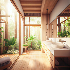 Fototapeta premium Comfortable bright bathroom with a boho-chic interior design, a free-standing white bath against the background of a panoramic window. hanging decor from dry grass.