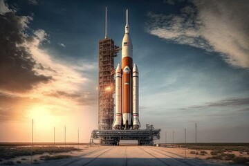A spaceship ready to launch in the platform at sunset. Generative ai