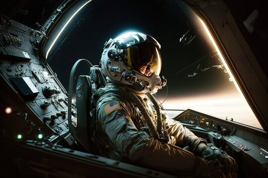 A pilot in the cabin of a spaceship in the space with helmet. generative ai