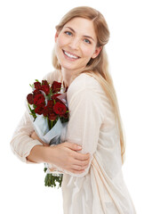 Portrait, woman and bouquet of roses, smile and loving with girl isolated on white studio background. Face, female and lady with flowers, florals and happiness for Valentines day, dating and happy