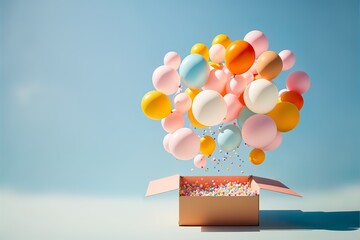 Creative fun concept of colorful helium balloons, surprise package flying, party is in the air. Pastel blue background. Illustration, Generative AI.