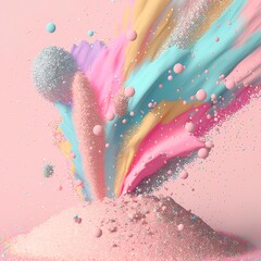 Pastel pink abstract landscape of large volcano eruption, explosion of colorful pastel lava and fire. Glitter and smoke. Illustration, Generative AI.