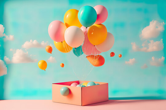 Creative fun concept of colorful helium balloons, surprise package flying, party is in the air. Pastel blue background. Illustration, Generative AI.