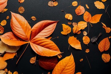 Fototapeta na wymiar Autumn mood background. Fallen autumn dried leaves background. Colorful, variegated foliage. Flat lay, top view, copy space. Generative AI