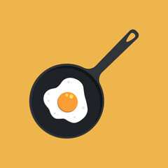 Vector illustration of scrambled eggs in frying pan, fried fried eggs, nutritious breakfast.