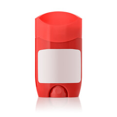 Bottle of deodorant isolated on white background. Red bottle with blue deodorant gel for men