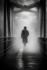 mysterious man with hat on foggy bridge. Mystery film noir. generative ai - obrazy, fototapety, plakaty