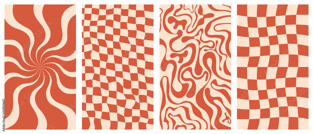 Wall mural groovy hippie 70s vector backgrounds set. chessboard and twisted patterns. backgrounds in trendy ret