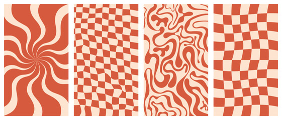Groovy hippie 70s vector backgrounds set. Chessboard and twisted patterns. Backgrounds in trendy retro trippy style. Twisted and distorted vector texture in trendy retro psychedelic style - obrazy, fototapety, plakaty
